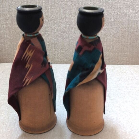 Handcrafted Solid Wood Native American Women Taper Candleholders Set of 2 - Picture 5 of 12